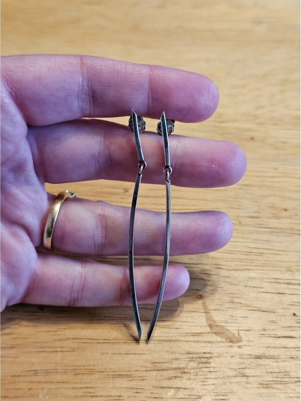 Long dangle drop earrings sterling silver minimalist curved bar